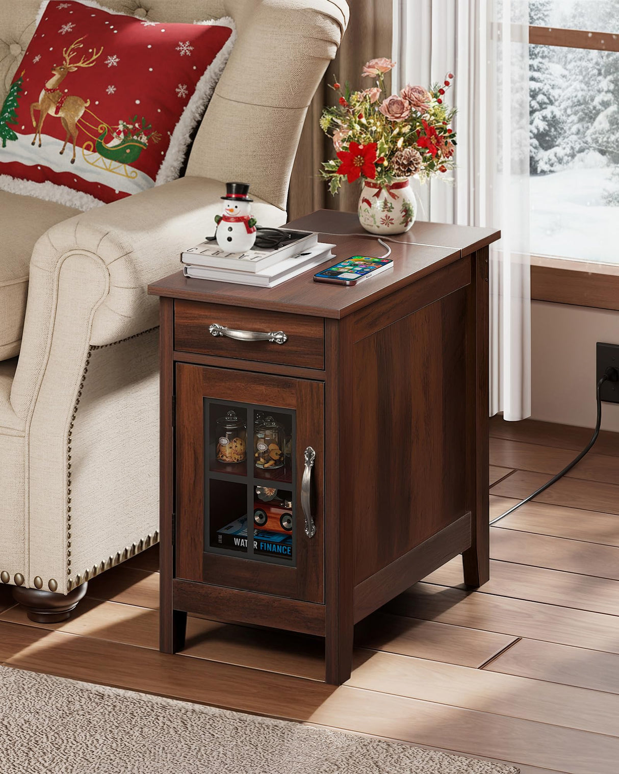 WLIVE End Table with Charging Station, Narrow Side Table for Living Room, Farmhouse Night Stand with Storage, Small Wooden Cabinet Nightstand with USB Ports and Outlets, 23.7" D x 13.78" W x 23.7" H WLIVE