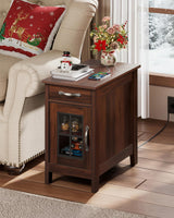 WLIVE End Table with Charging Station, Narrow Side Table for Living Room, Farmhouse Night Stand with Storage, Small Wooden Cabinet Nightstand with USB Ports and Outlets, 23.7" D x 13.78" W x 23.7" H WLIVE