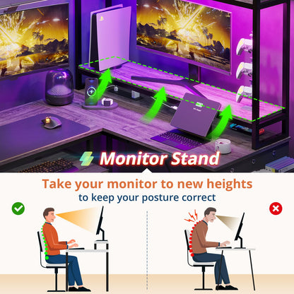 VIGKOOK L Shaped Gaming Desk, Reversible Corner Computer Desk with Power Outlet & Led Strip Home Office Desks Drawer File Cabinet Keyboard Tray (Dark Grey, 67in) - WoodArtSupply