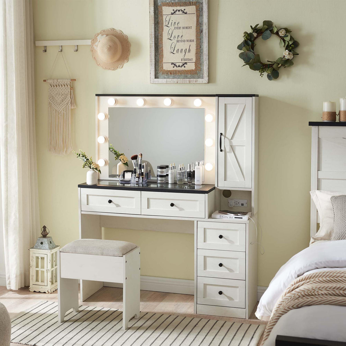ACCOHOHO Farmhouse Vanity Desk with Mirror and Lights, 43" Wide Makeup Vanity with Glass Tabletop and Charging Station, Modern Vanity Table Set with Storage and Stool for Bedroom, Off White ACCOHOHO