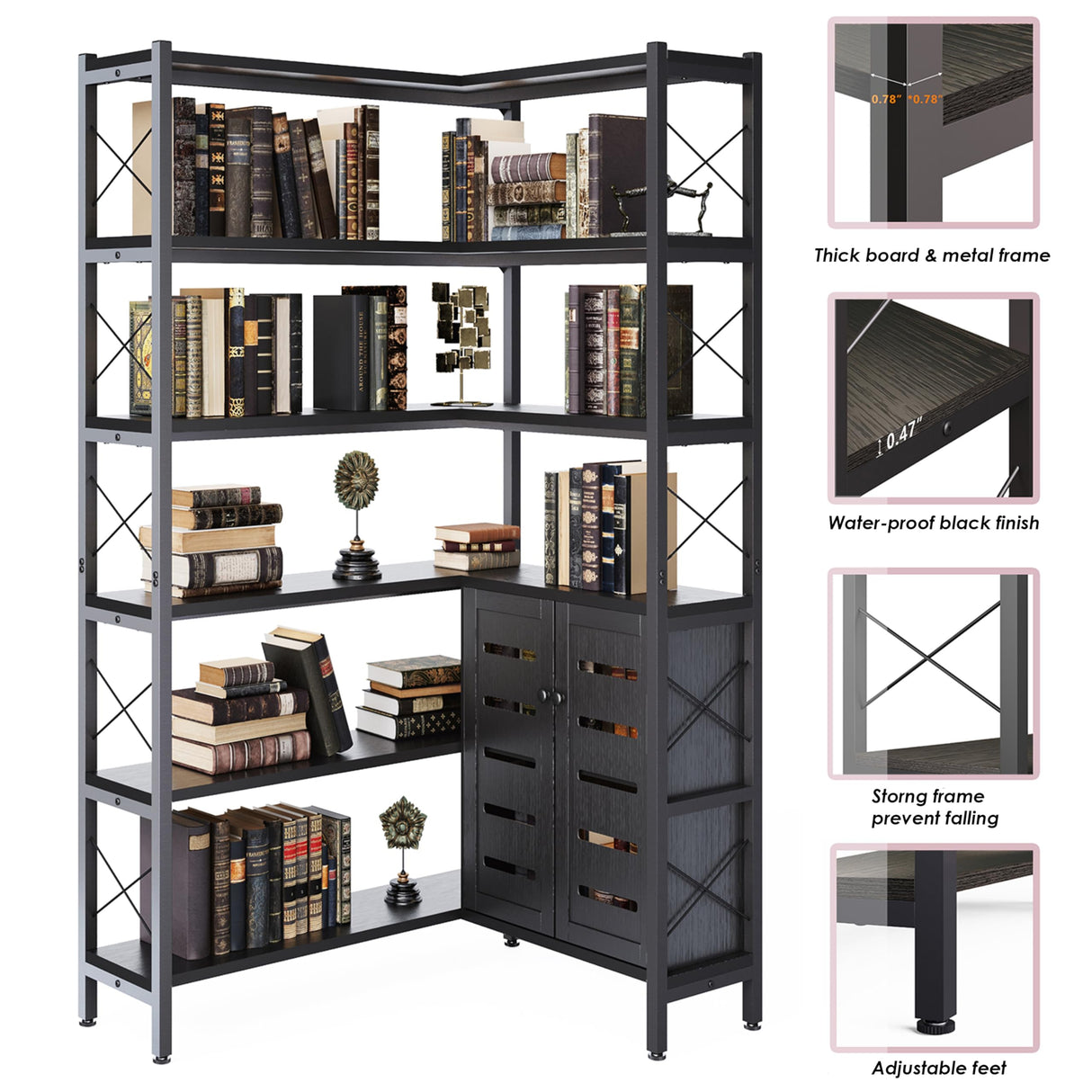 GLAUBIO 6 Tier Small Corner Bookshelf with Storage Cabinet,L Shaped Black Bookshelf with Doors,Industrial Corner Plant Stand,Corner Book Shelf,Small Bookcase for Living Room, Home Office GLAUBIO