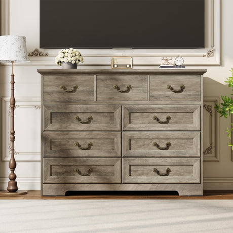 Dresser for Bedroom with 9 Drawers, 47" Wide Vintage Chest of Drawers with Metal Handle & Natural Texture, Wood Dresser for Closet with Two Different Drawer Sizes for Living Room, Hallway, Grey Garvee