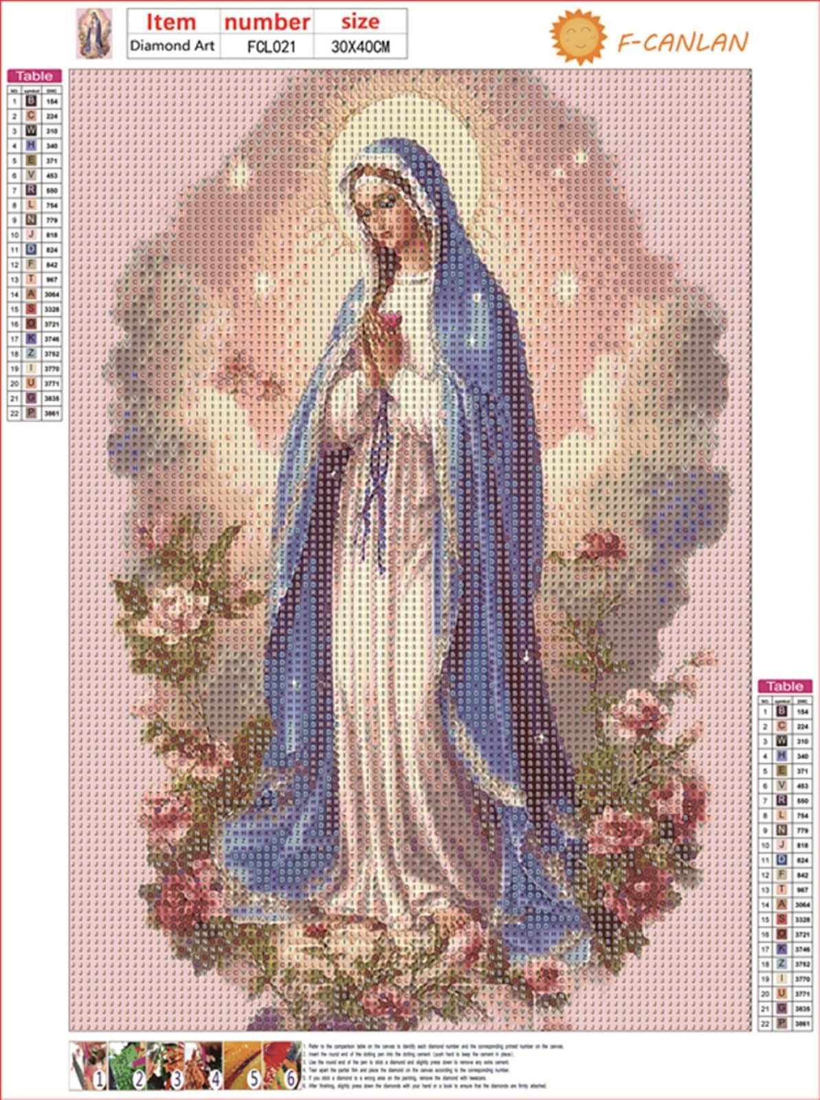 F-CANLAN Round Full Drill Diamond Painting Kit, 5D DIY Virgin Mary Prayer Paint with Diamonds God Flower Diamond Painting with Gem for Adult Rhinestone Diamond Art Room Decor (12X16 inches) F-CANLAN