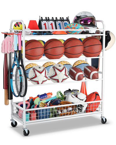 EXTCCT Garage Sports Equipment Organizer - Rolling Ball Storage Bin with Wheels, Garage Sports Gear Rack Outdoor Basketball Racks for Balls with Baseball Bat Holder and Hooks, Toy Organizer(White)