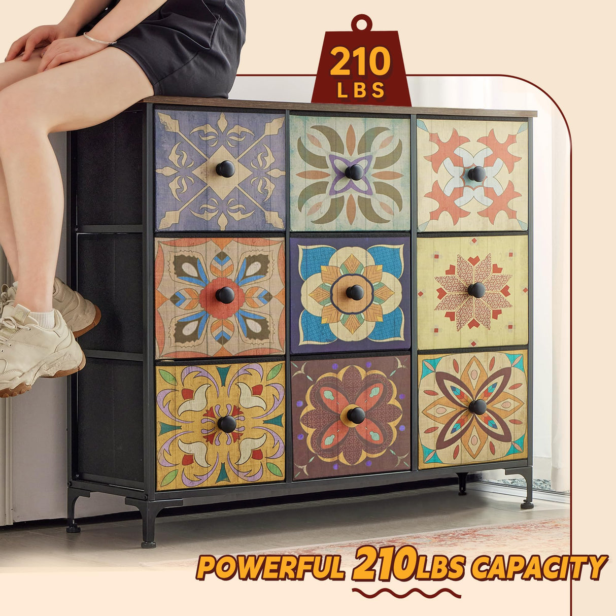 EnHomee Dresser for Bedroom with 9 Drawers Boho Dressers & Chest of Drawers Fabric 9 Drawer Dresser for Closet, Entryway, Hallway, Wooden Top EnHomee