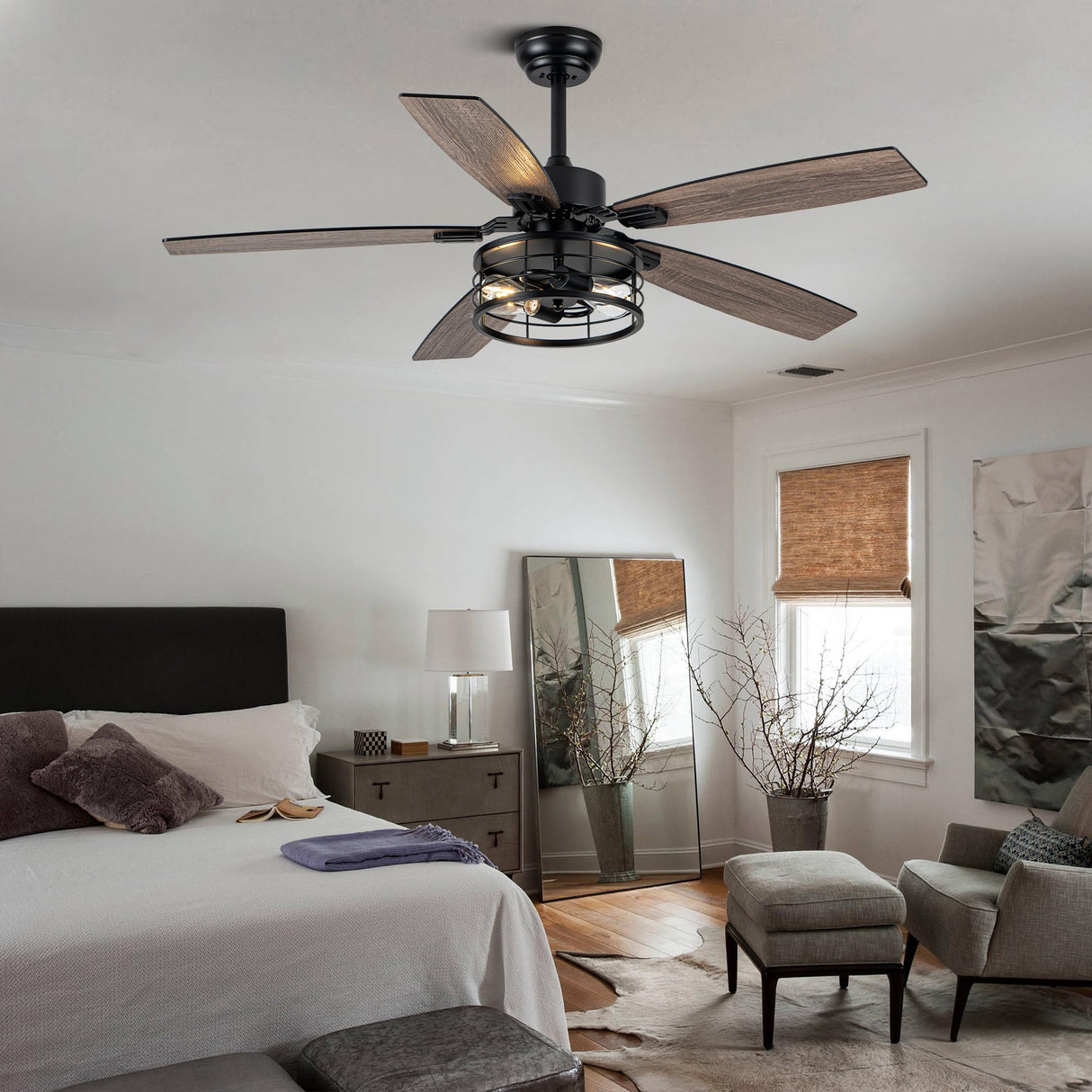 Curve Curio 52 Inch Farmhouse Ceiling Fan with Light and Remote Black Industrial Ceiling Fan Quiet and Reversible DC Motor Rustic Caged Chandelier Fan for Living Room Bedroom Patio Curve Curio