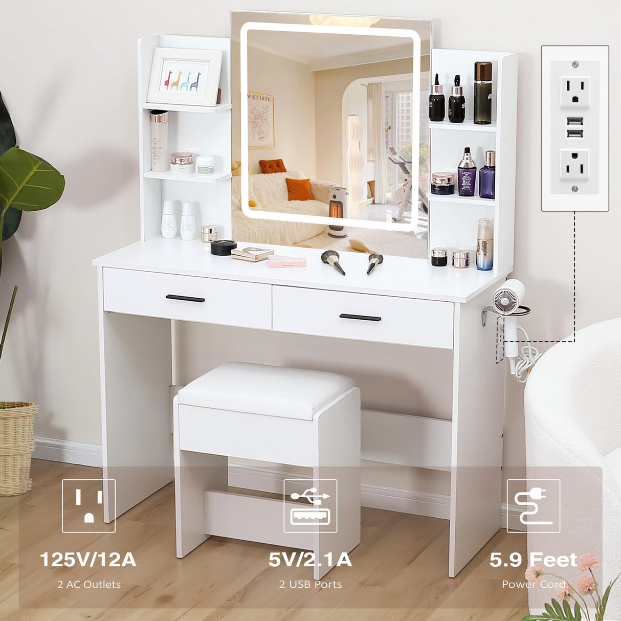 YIKEHOME Vanity with Lighted Mirror, Makeup Vanity Desk with Power Outlet, 3 Color Lights, Adjustable Brightness, Vanity Table with 6 Shelves, 2 Drawers and Stool, White YIKEHOME