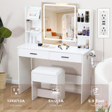 YIKEHOME Vanity with Lighted Mirror, Makeup Vanity Desk with Power Outlet, 3 Color Lights, Adjustable Brightness, Vanity Table with 6 Shelves, 2 Drawers and Stool, White YIKEHOME