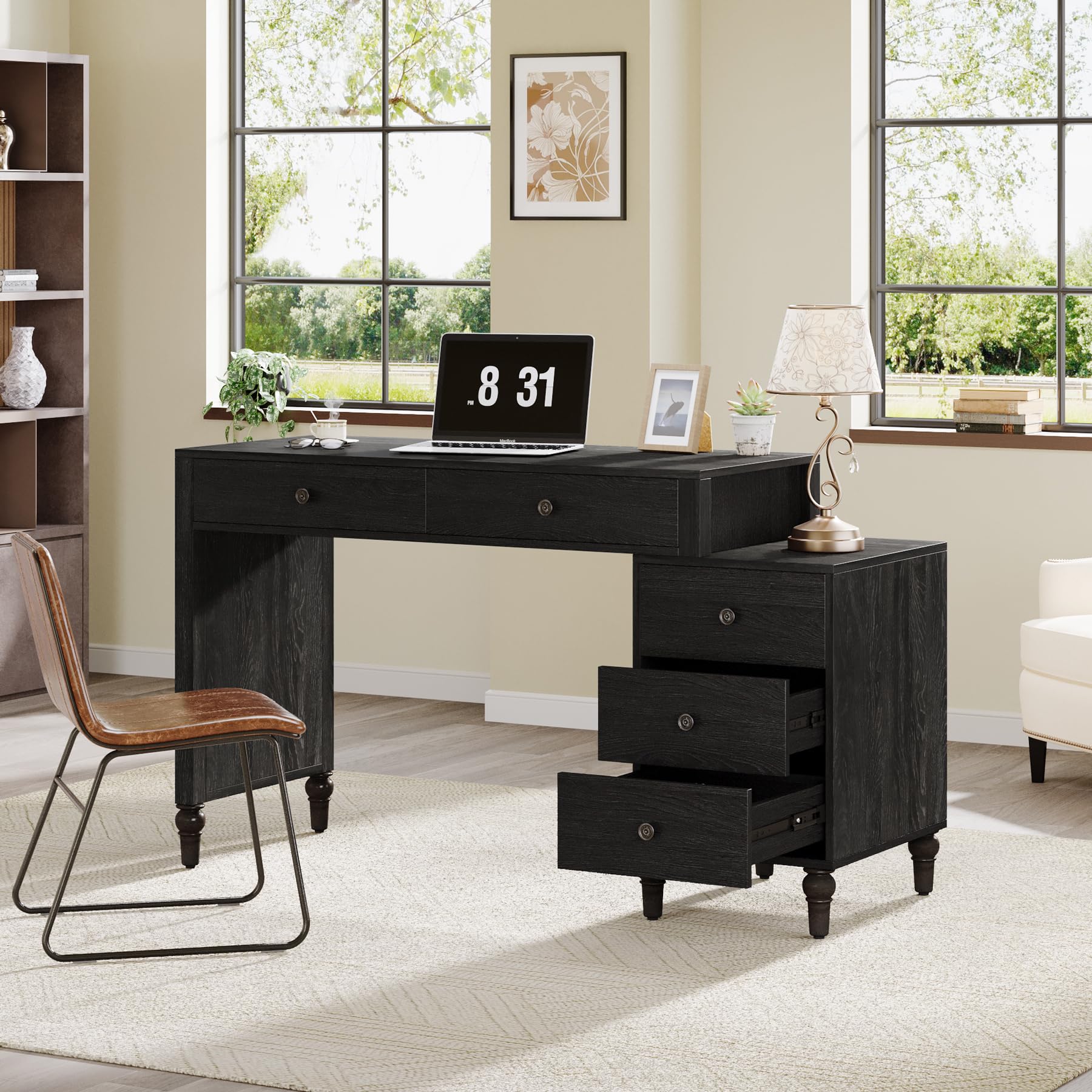 Tribesigns Computer Desk with 5 Drawers, Wood Home Office Desk with Reversible File Drawers and Printer Stand, Black Writing Desk, Study Table Workstation for Small Spaces - WoodArtSupply