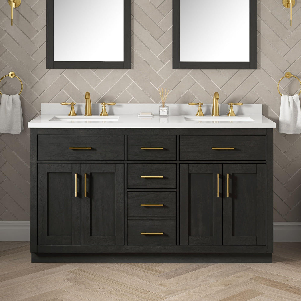OVE Decors Bailey 60 in. W x 22 in. D x 34.5 in. H Double Sink Bath Vanity in Matte Black Wood with White Engineered Quartz Top OVE Decors