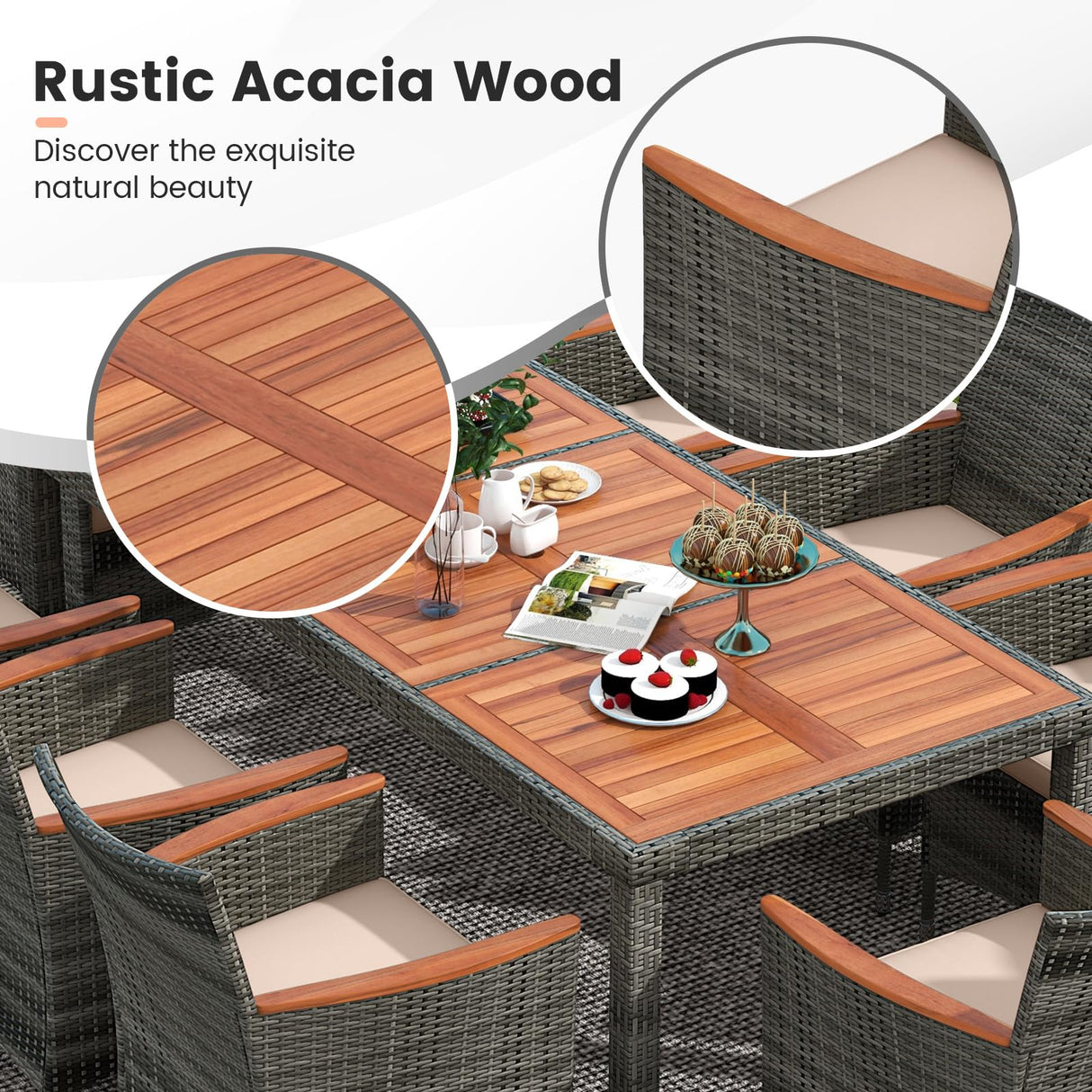 Tangkula 10 Pieces Patio Wicker Dining Set w/Double-Sided Patio Umbrella, Outdoor Acacia Wood Furniture Set w/ 8 Armchairs, 71” Dining Table & 15 ft Umbrella with Weighted Base (Gray) Tangkula