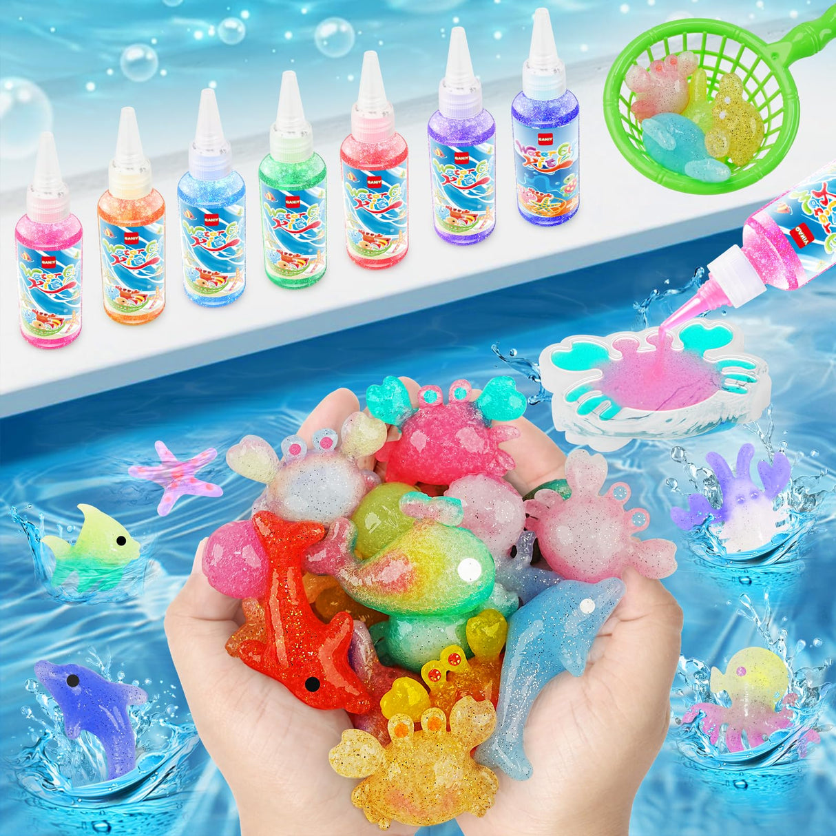 QANIY Magic Water Elf Toy Kit, Crafts for Kids Ages 4-8, Squishy Maker Set with 14 Magic Gels and 10 Molds, Aqua Fairy for Kids, Make Your Own Squishies Toys QANIY