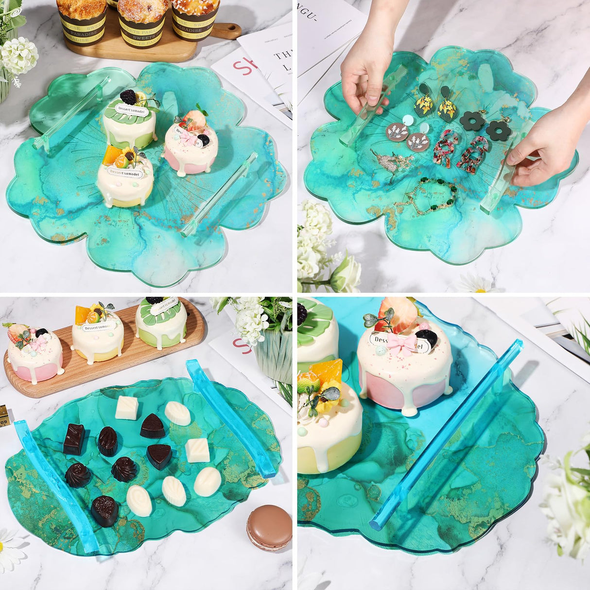 meekoo 2 Pcs Large Silicone Resin Tray Molds with 4 Pcs Handles Serving Tray Molds Resin Mold for Making Jewelry Plates Tea Coasters Art Craft Casting Supplies (Flower, Oval) meekoo
