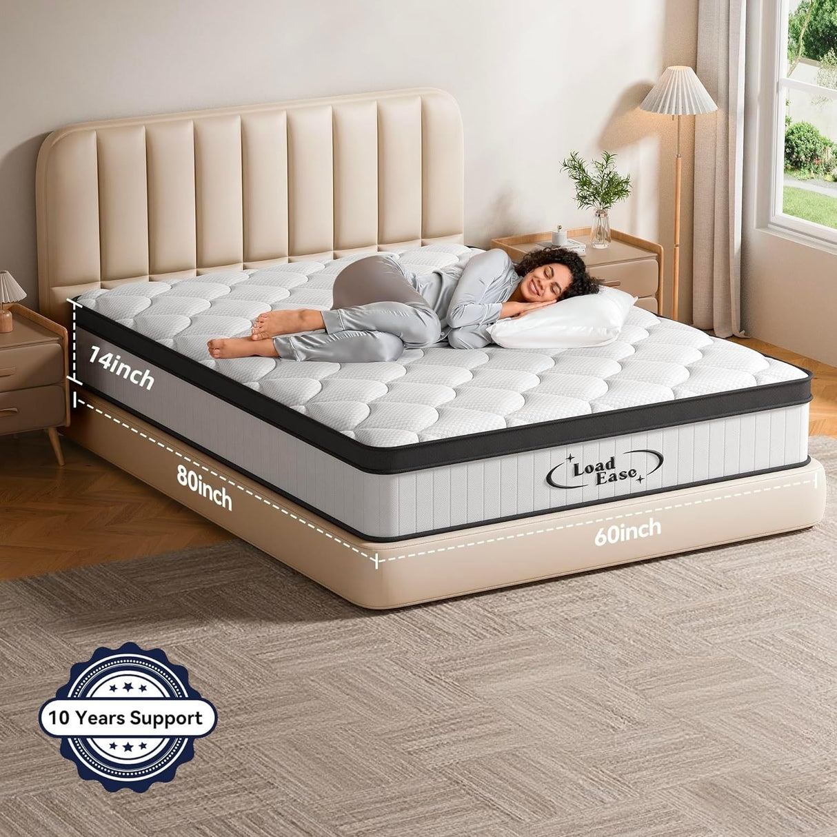 Mattress Queen Size, 14 Inch Queen Hybrid Mattress in a Box, Memory Foam with Firm Individually Wrapped Pocket Springs, Pressure Relief & Motion Isolation, CertiPUR-US Certified, 60" x 80" x 14" LoadEase