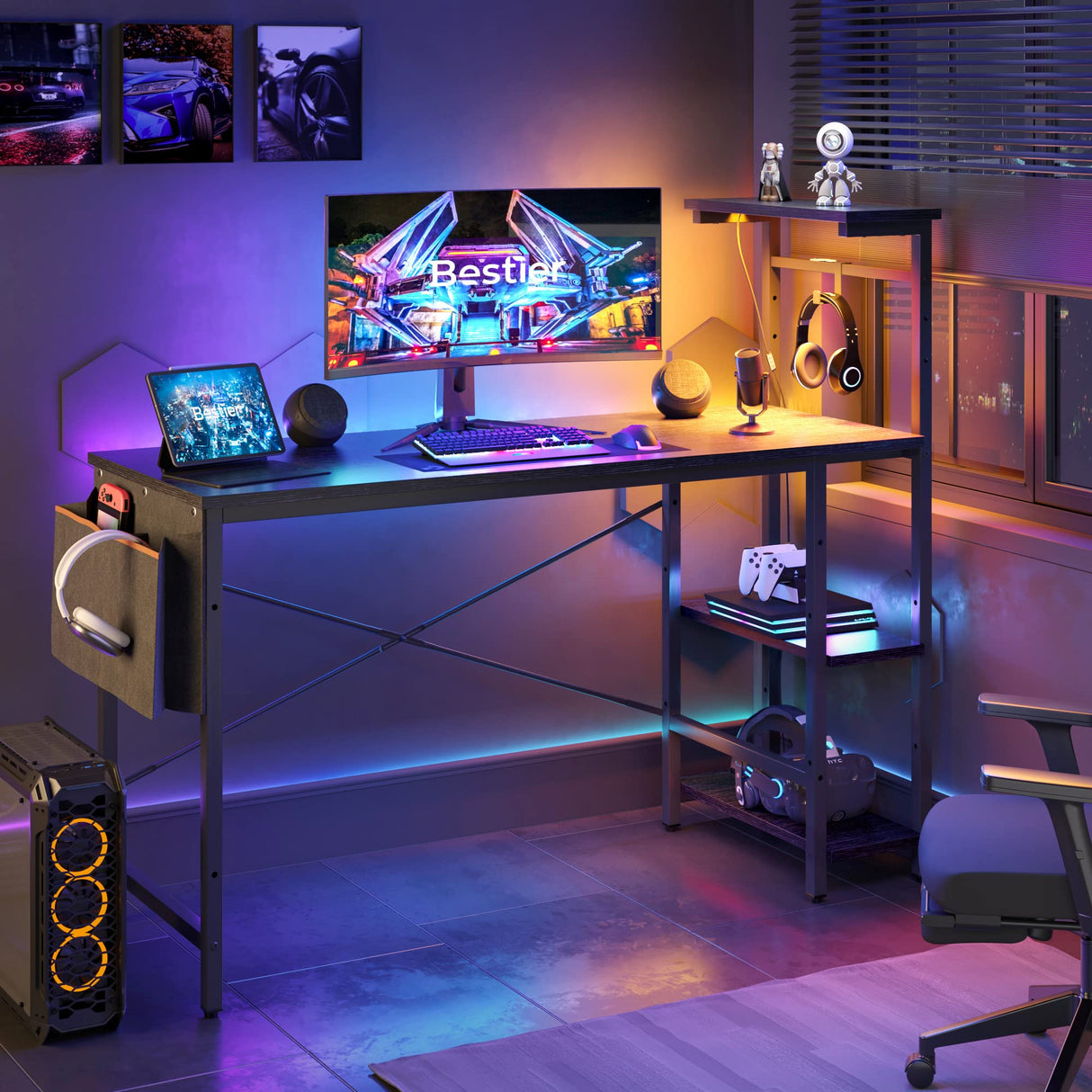 Bestier Gaming Desk with LED Lights, 51.3 Inch Computer Desk with 4 Tiers Reversible Shelves, Home Office Writing Desk with Side Storage Bag, Hooks and Height Adjustable Shelf (Black Grained) Bestier
