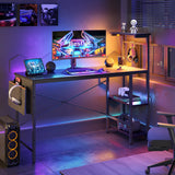 Bestier Gaming Desk with LED Lights, 51.3 Inch Computer Desk with 4 Tiers Reversible Shelves, Home Office Writing Desk with Side Storage Bag, Hooks and Height Adjustable Shelf (Black Grained) Bestier
