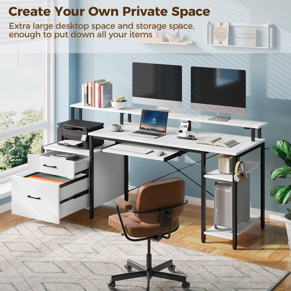 Rolanstar Computer Desk 59" with File Drawer, Gaming Desk with LED Light & Power Outlets, Home Office Desk with File Cabinet & Storage Shelves, with Monitor Stand & Keyboard Tray, White Rolanstar