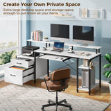 Rolanstar Computer Desk 59" with File Drawer, Gaming Desk with LED Light & Power Outlets, Home Office Desk with File Cabinet & Storage Shelves, with Monitor Stand & Keyboard Tray, White Rolanstar