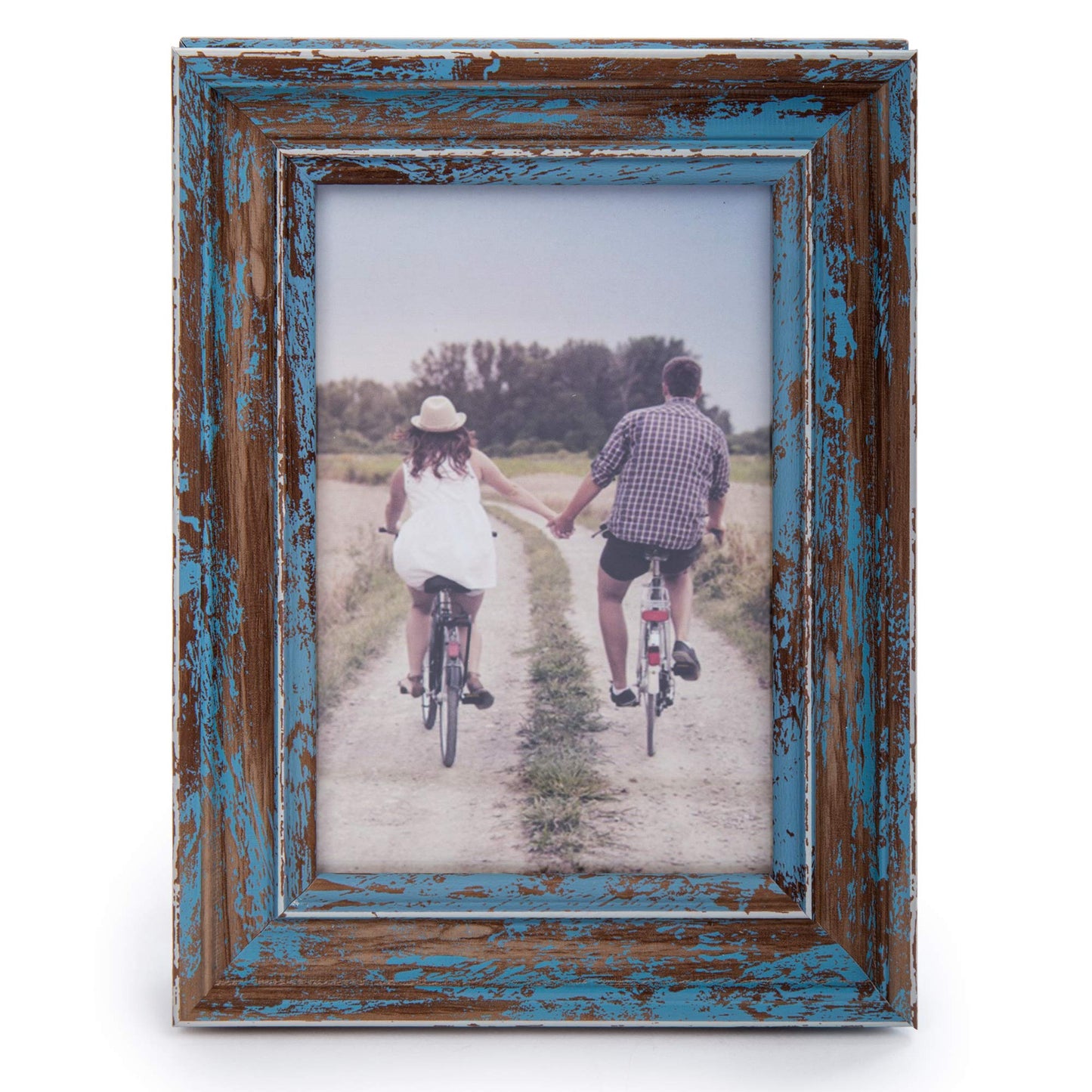 Truu Design Weathered Picture Frame, Distressed Wooden Look for Wall or Tabletop Display, Lightweight Photo Frame with Glass Cover, 4" x 6", Blue