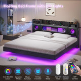 Dnxao Floating Bed Frame,King Bed Frame with Storage Headboard, King Platform Bed Frame with LED Lights and Charging Station, Noise Free, No Box Spring Needed,Quick Assembly,PU Black Dnxao