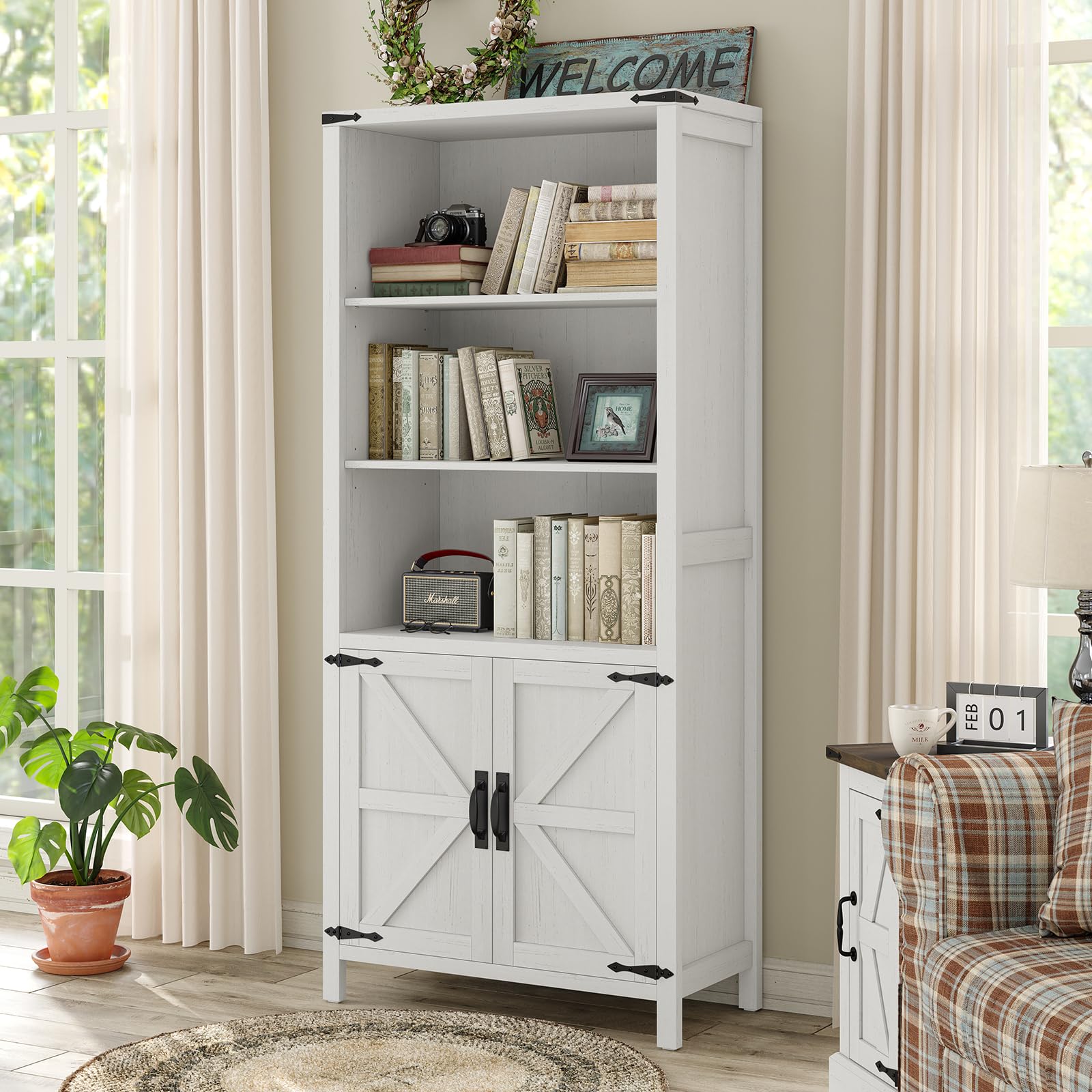 Furnihold 5-Shelf Farmhouse Bookcase with Doors - Adjustable Wood Storage Cabinet in White - WoodArtSupply