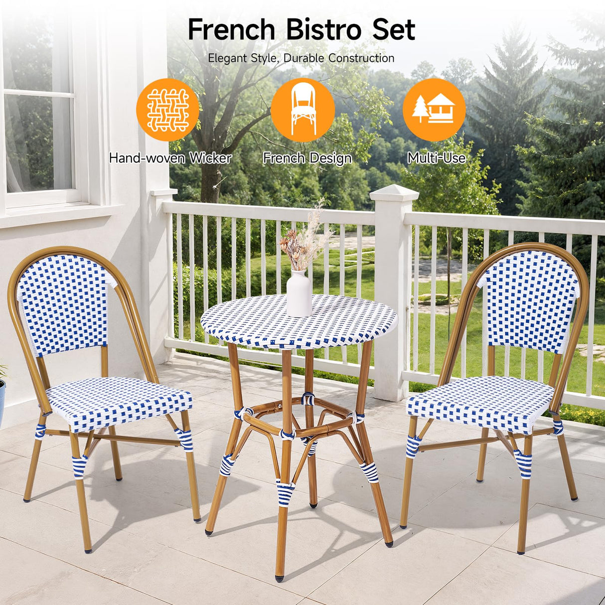 3 Piece French Wicker Bistro Set, Patio Bistro Set with Table and 2 Dining Chairs, All Weather ‎Outdoor ‎Bistro Set with Aluminum Frame, Outdoor Patio Set for Patio Porch Cafes Yard, Navy and White Dovov