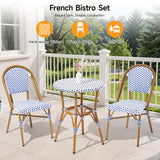 3 Piece French Wicker Bistro Set, Patio Bistro Set with Table and 2 Dining Chairs, All Weather ‎Outdoor ‎Bistro Set with Aluminum Frame, Outdoor Patio Set for Patio Porch Cafes Yard, Navy and White Dovov