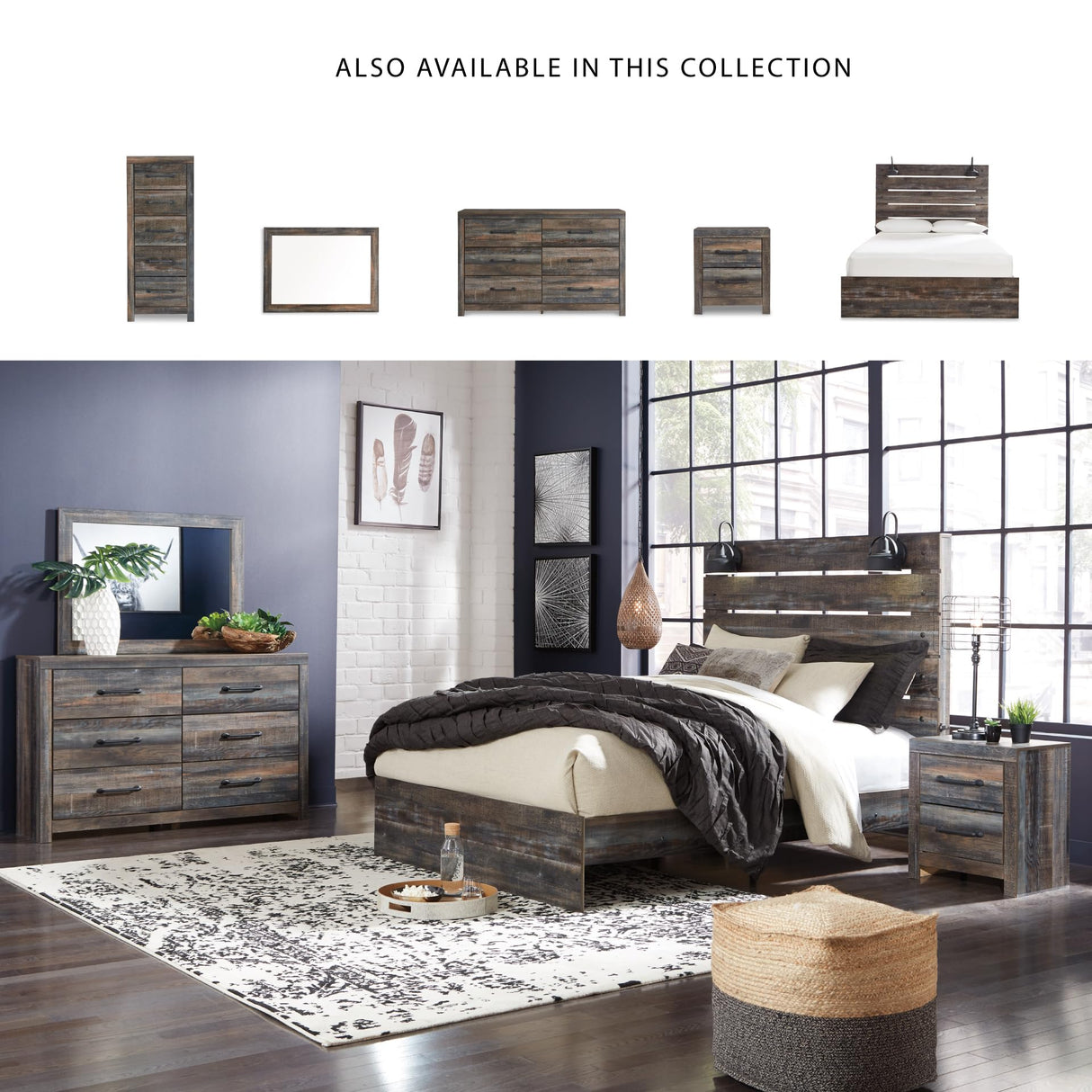 Signature Design by Ashley Drystan Rustic Queen Panel Bed, Sconce LED Lights, USB Ports and Nailheads, Foundation or Box Spring Needed, Dark Brown & Gray Signature Design by Ashley