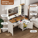 GlasFlength Farmhouse Makeup Vanity with Lighted Mirror, Vanity Desk with Charging Station, Vanity Table with 3 Lighting Modes Brightness Adjustable, Wood Vanity with Acrylic Boxes for Bedroom, White GlasFlength