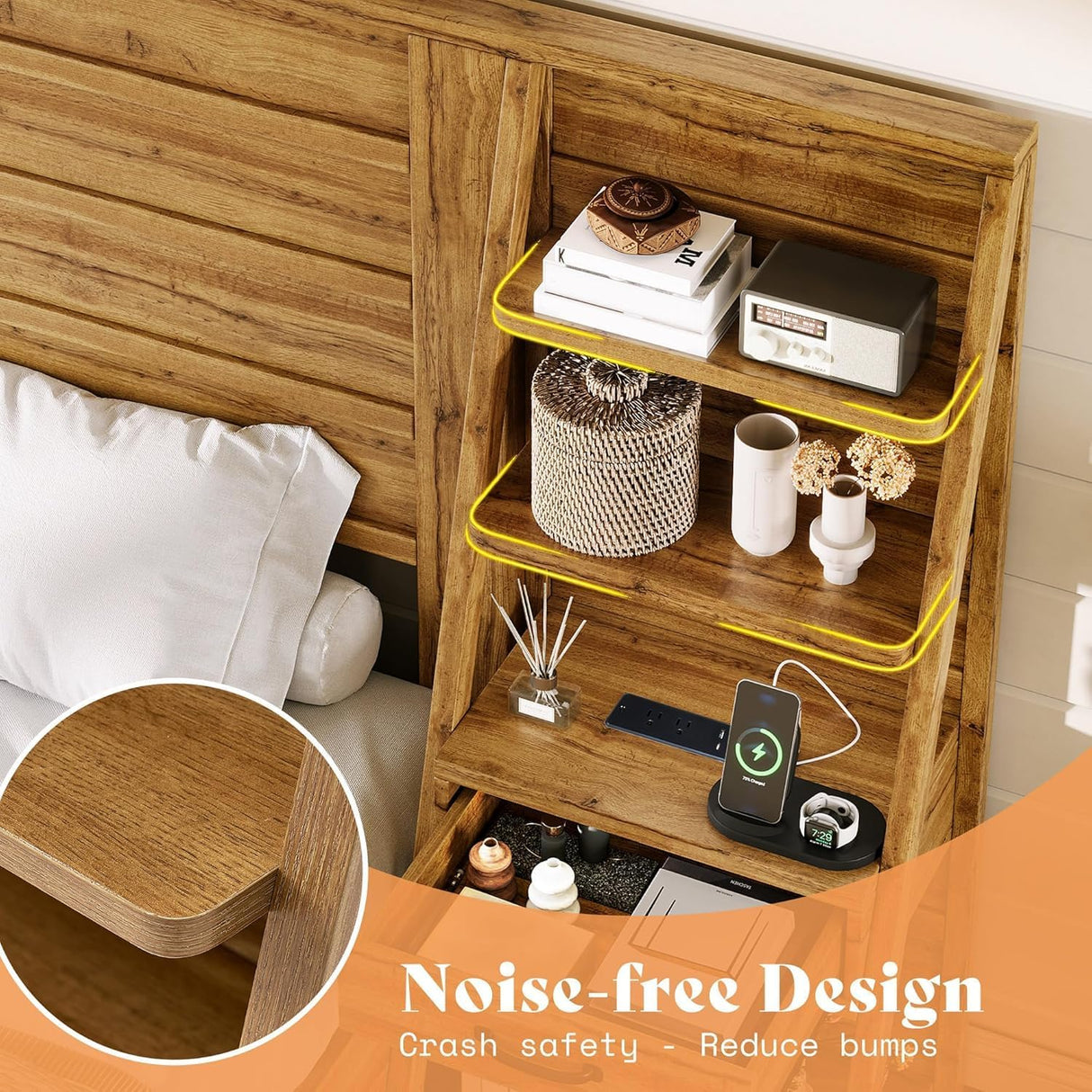 LUXOAK King Bed Frame with Wide Headboard and 4-Tier Bookshelves, Farmhouse Platform Bed with Charging Station & 2 Drawers, Noise-Free, No Box Spring Needed, Natural Oak LUXOAK