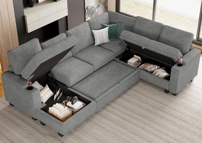 Belffin Modular Sectional Sleeper Sofa Couch Bed with Storage Chaise U Shaped Couch with Pull Out Sofa Bed for Living Room. Light Grey Couch.