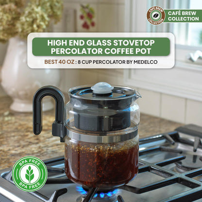 Café Brew Collection 8-Cup Glass Stovetop Percolator Coffee Pot - Borosilicate Glass Coffee Percolator - BPA Free - Dishwasher Safe - Brewing on Electric and Gas Ranges