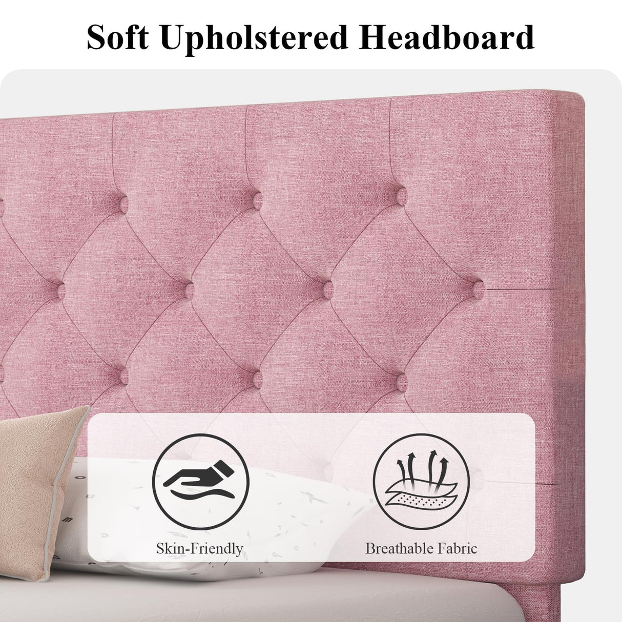 HOMBCK Full Bed Frame with Headboard, Linen Fabric Upholstered Bed Frame Full, Pink Bed Frame with Wood Slats, Button Tufted, No Box Spring Needed, Pink HOMBCK