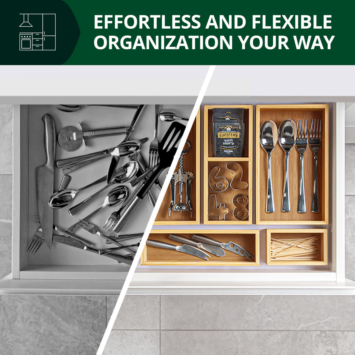ROYAL CRAFT WOOD 5-Piece Bamboo Drawer Organizer Set – Multi-Use Storage Trays for Kitchen, Bathroom, Office, Makeup, Jewelry & More – Junk Drawer Tray, Utensil Holder, Storage Box & Bin Set (5 Boxes) ROYAL CRAFT WOOD