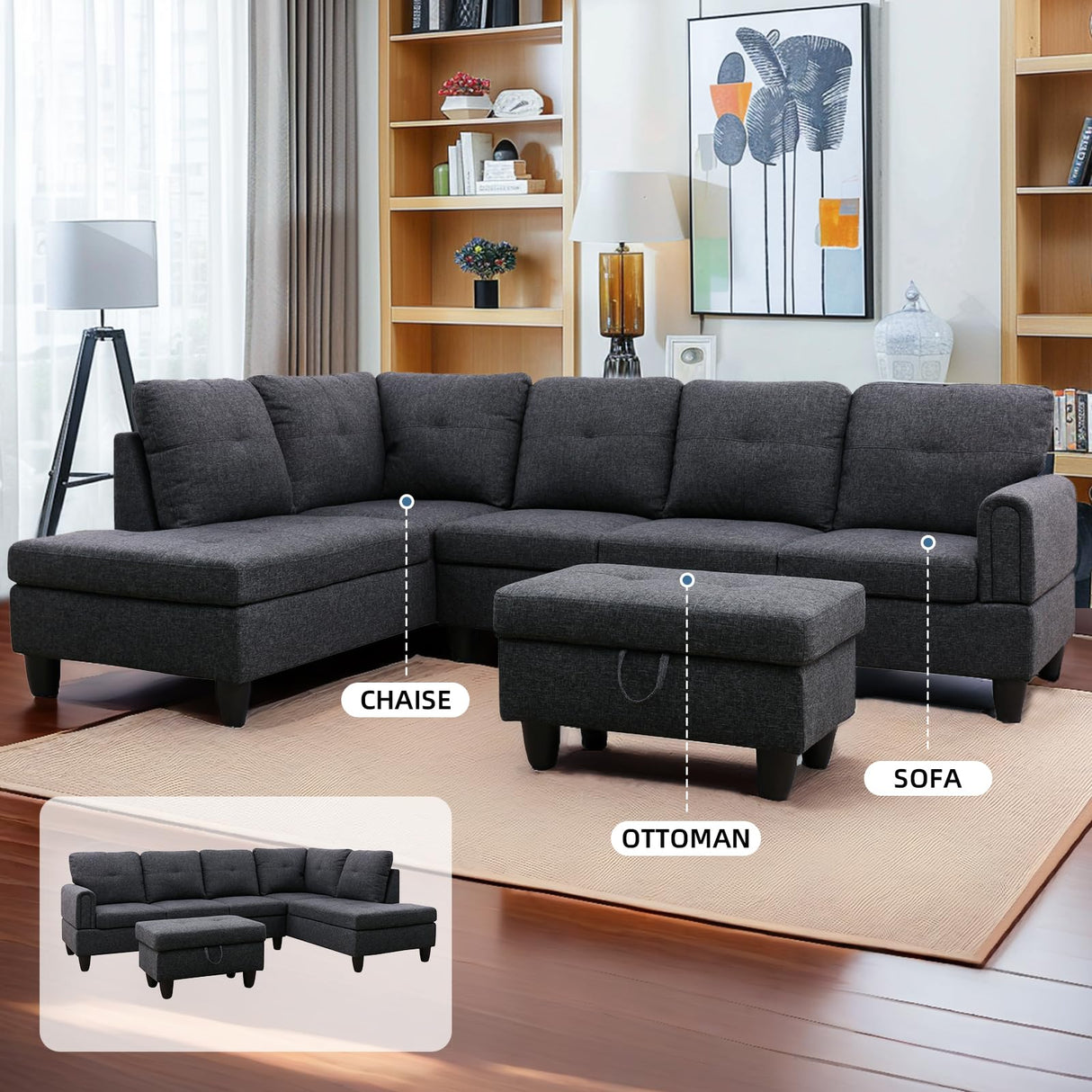 GlasFlength L Shaped Sectional Couch Sofa with Ottoman, Modern Couches for Living Room, Microfiber Facing, Bedroom GlasFlength