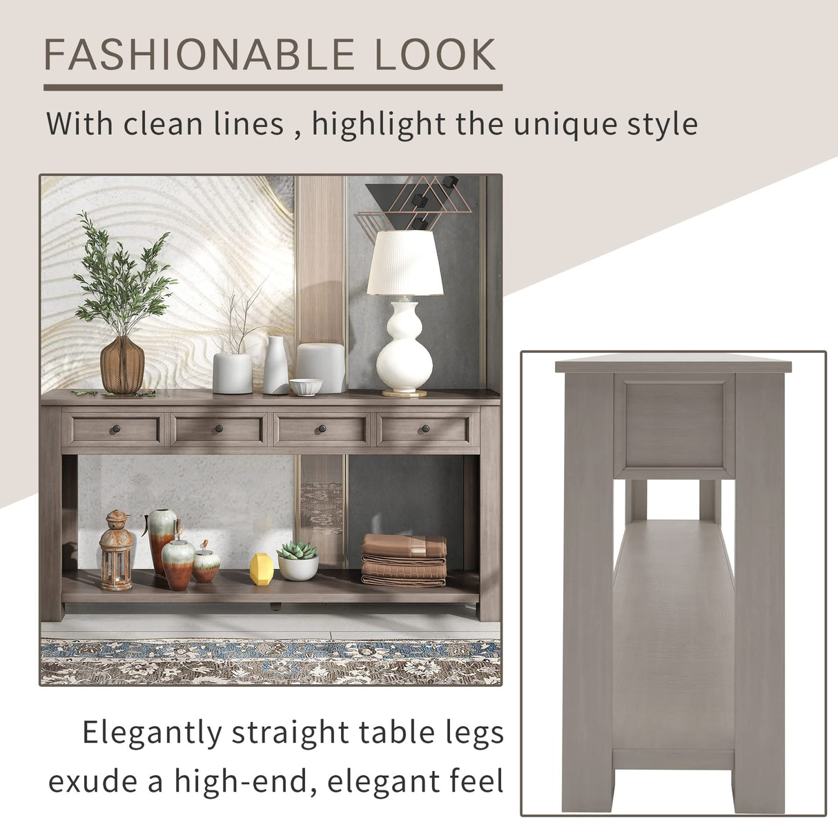 Console Table Hallway Sofa Entryway Side Table 63" Long Furniture with 4 Drawers and Bottom Shelf for Living Room Home Decor (Gray Wash) Knocbel