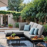 Devoko Outdoor Sectional Furniture Patio Sectional Sofa with Acacia Wood Table, Patio L-Shaped Conversation Set with All-Weather Cushion for Patio,Garden,Backyard(Gray) Devoko