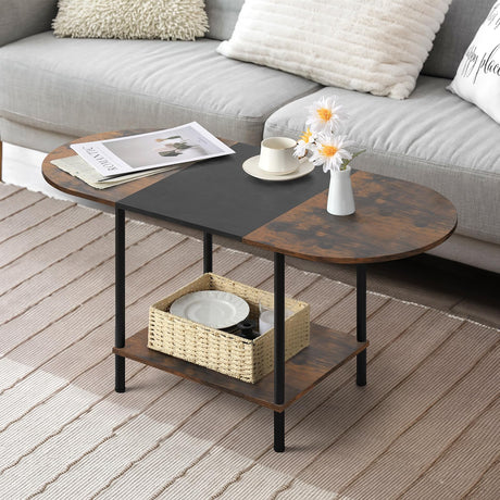 Coffee Tables for Living Room,2-Tier Small Coffee Table Farmhouse Oval Center Table with Storage Shelf and Wood Tabletop,for Small Space,Home Office,Black & Brown Shinoske