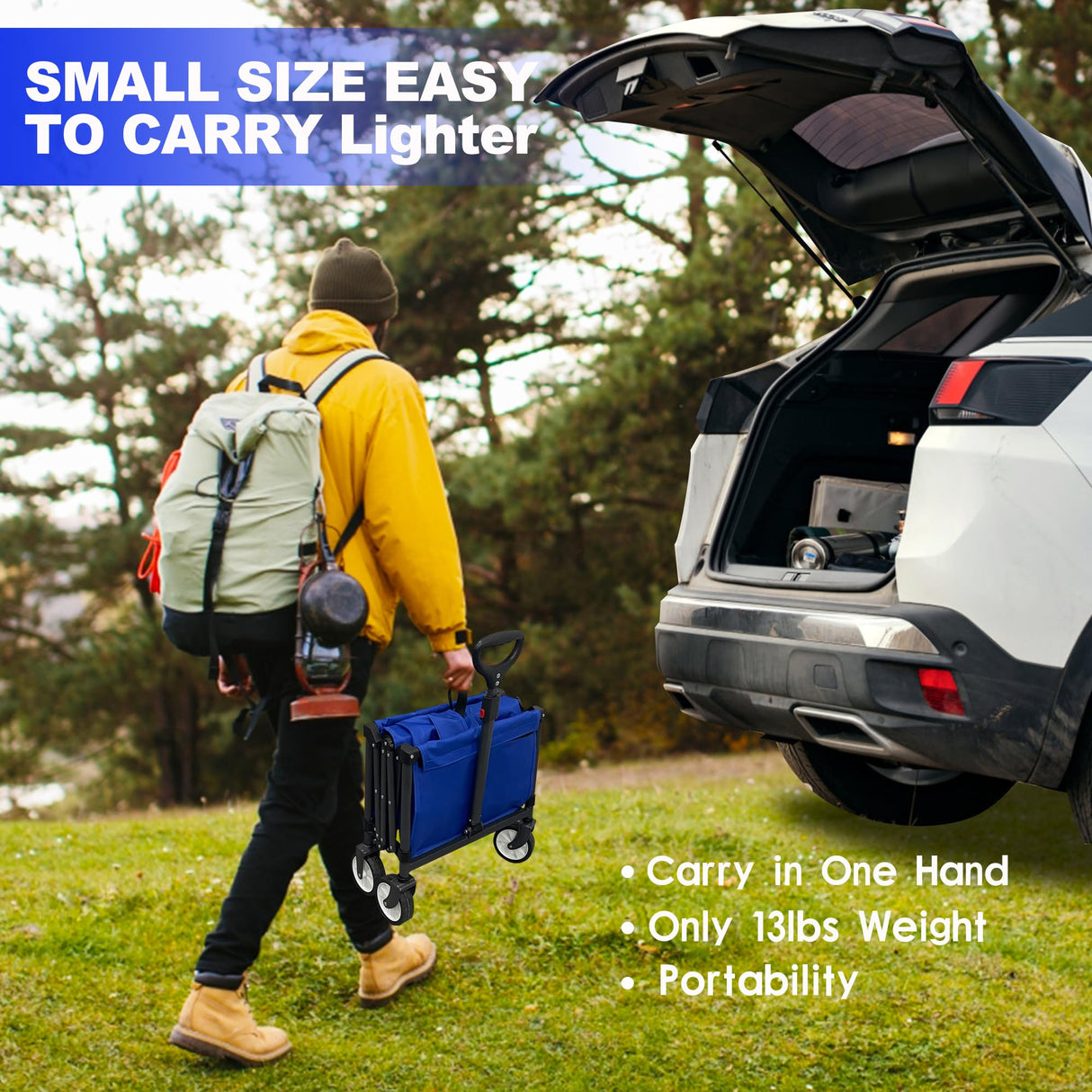 Bossicar Collapsible Folding Wagon, Outdoor Utility Grocery Large Wagon Cart Heavy Duty Foldable with Silent Universal Wheels, Adjustable Handle, Camping, Garden, Shopping (Blue, 80L) Bossicar