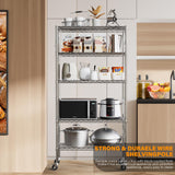 YNN Storage Shelves,1750Lbs 5 Tier Heavy Duty Metal Rolling Shelving Unit with Wheels & 8 Hooks, Adjustable Garage Wire Rack for Kitchen, Bathroom,Industrial,Pantry(36" W x 14" D x 72" H, Chrome) YNN