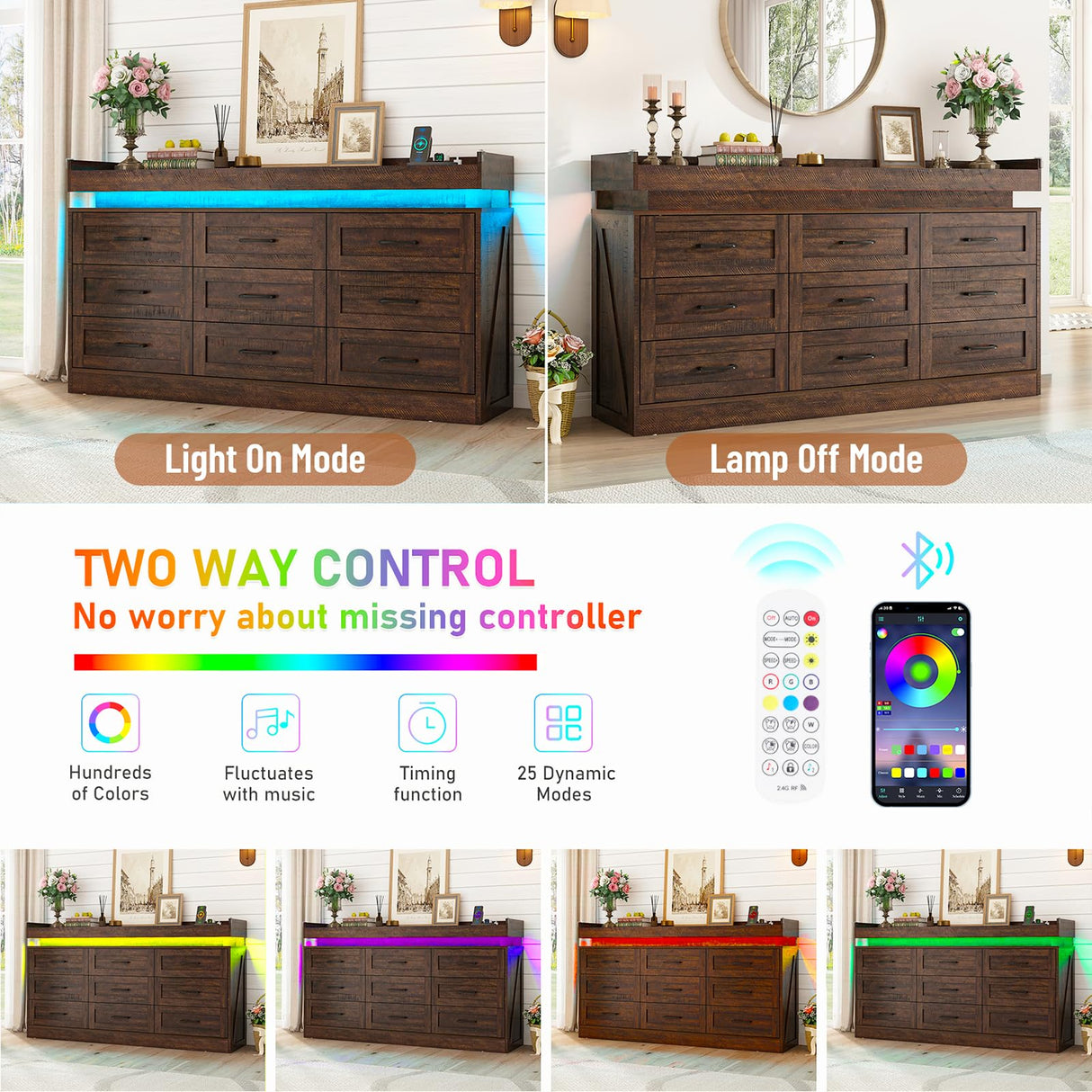 Hlivelood Large Farmhouse 9 Drawers Dresser for Bedroom with LED Light and Power Outlets,63" Wide Wood Rustic 9 Chests of Drawers for Closet,Tall Storage Dresser Organizer for Bedroom(Antique Brown) Hlivelood