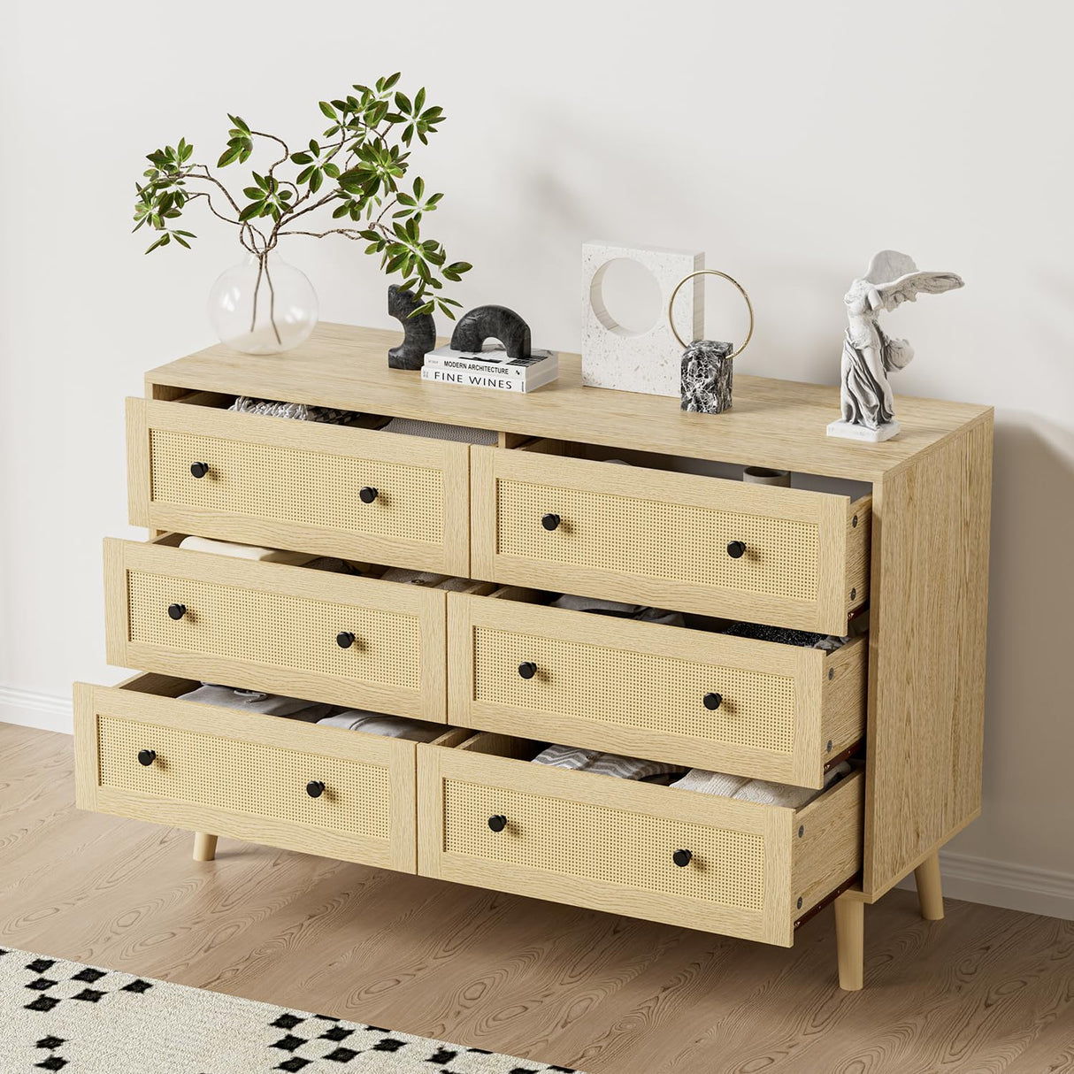 Wananlanen Rattan Dresser for Bedroom, Boho 6 Drawer Dressers & Chest of Drawers with Storage and Metal Handle, Modern Natural Wood Storage Dresser for Living Room, Hallway, Entryway Wananlanen