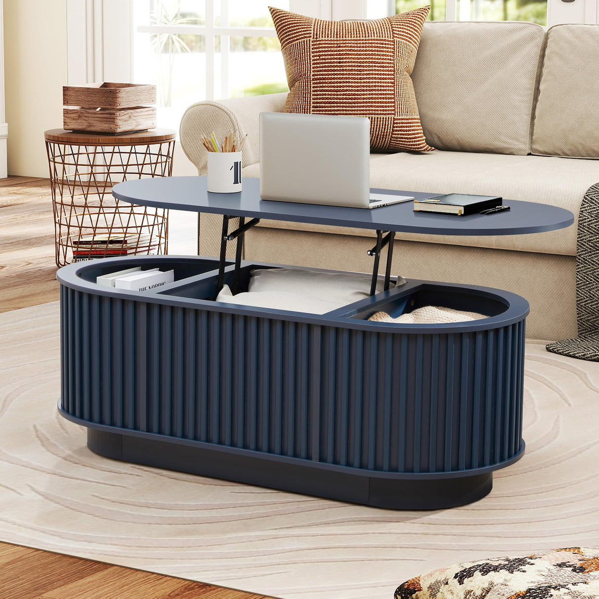 CHILILTDUS Oval Lift Top Coffee Table with Storage, 43.3”Mid Century Modern Center Table with Hidden Compartment, Fluted Wooden Lift Tabletop Dining Table for Living Room Apartment Home Office,Blue CHILILTDUS