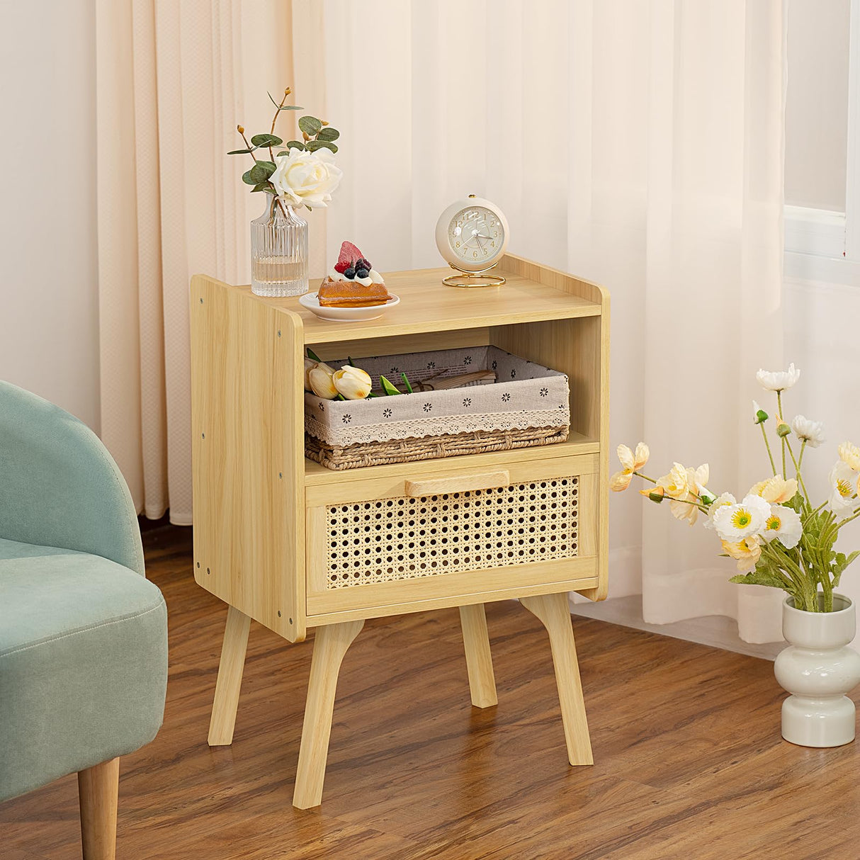 Lerliuo Rattan Nightstand, Boho Night Stand with Handmade Natural Rattan Drawer and Open Shelf, Cane Accent Side Table, End Tables with Solid Wood Legs for Bedroom, Dorm and Small Spaces Lerliuo