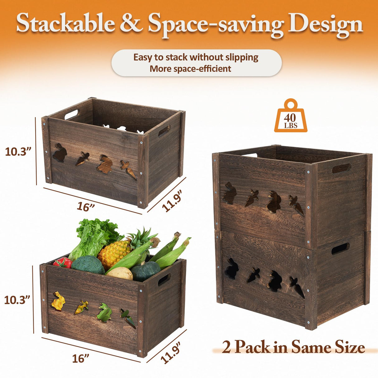 Edergoo Wooden Crates 2 Pack, Hollow Wooden Crates for Display, Farmhouse Handmade Wood Crate with Handles, Rustic Durable Wooden Crates for Storage, Large Decorative Wooden Crate Box for Display Edergoo