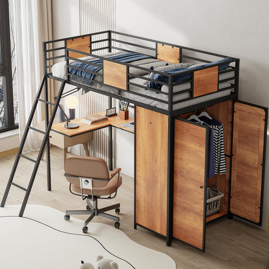 Twin Loft Bed with Desk and Storage Shelf, Twin Size Loft Bed with Wardrobe and L-Shaped Desk, Heavy Duty Loft Bed with Ladder and Guardrail(Twin Loft Bed Black)