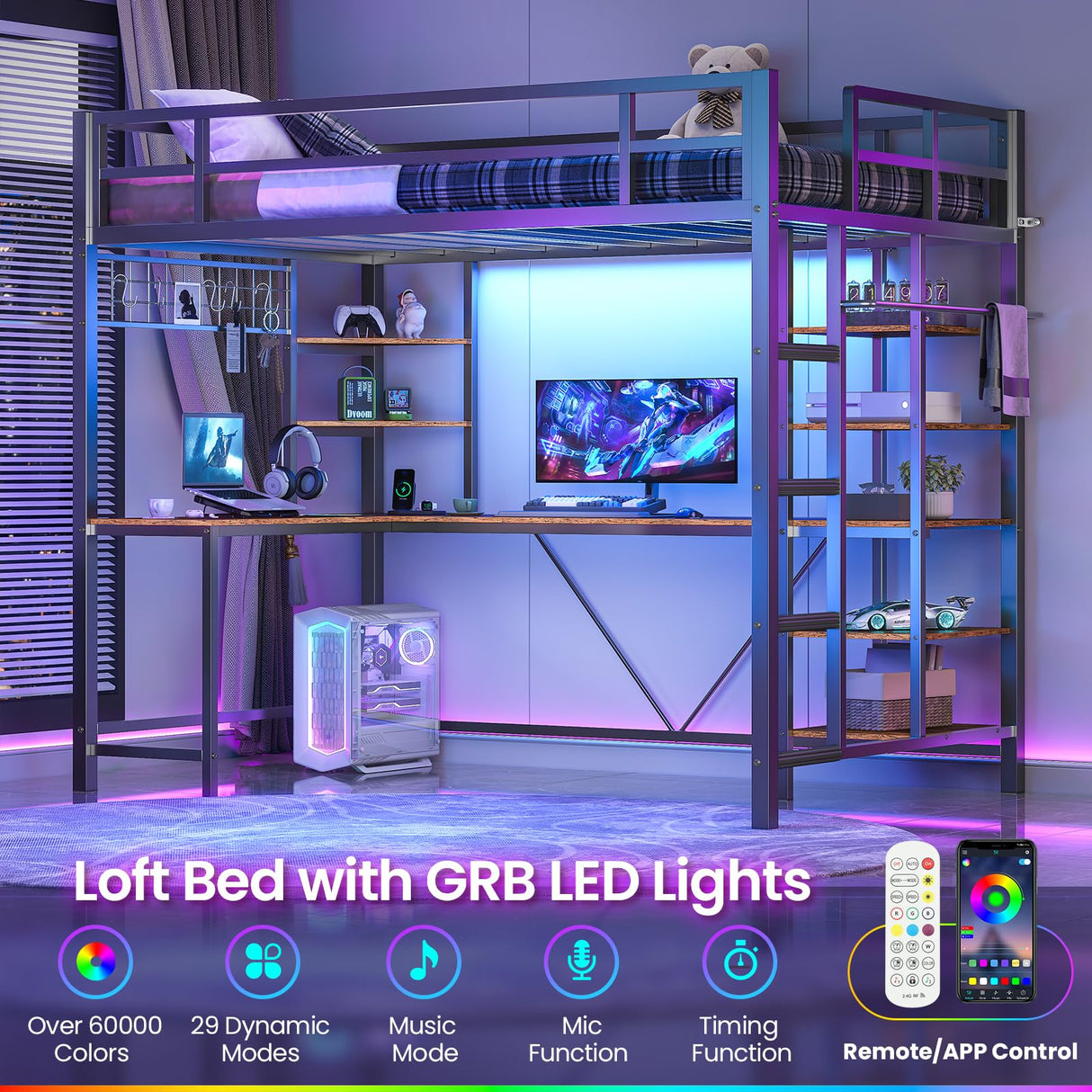 MSmask Loft Bed Twin Size with L Shaped Desk, LED Lights, Charging Station, Heavy Duty Metal Loft Bed Frame with 6 Storage Shelves, Safety Guard & Ladder, No Box Spring Needed, No Noise, Black MSmask