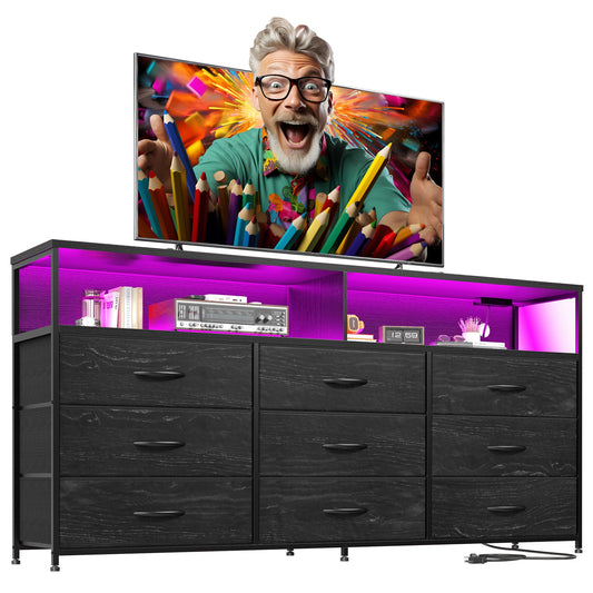 EnHomee 55” W Dresser, Black Dresser for Bedroom with Power Outlet & LED Lights for 65" TV Stand for Bedroom Dresser with 9 Fabric Drawers, Sturdy Dressers for Bedroom, Closet, Entryway