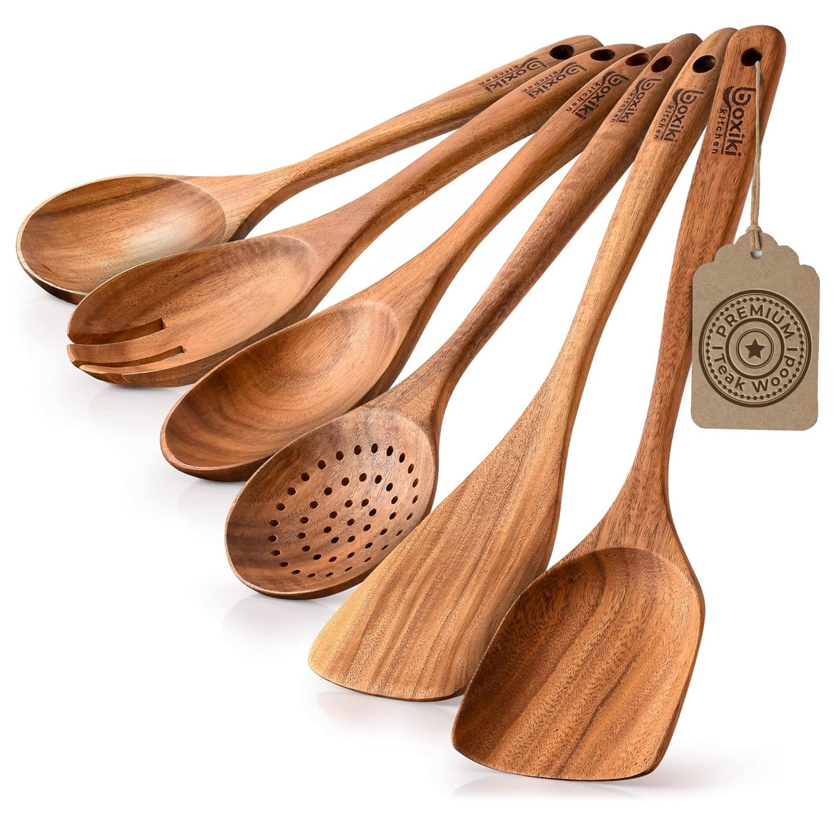 Luxury Teak Wood Utensil Set - Elegant 6-Piece Cooking Ensemble Including Spoons, Server, Scraper & Spatula - Expertly Crafted for Culinary Excellence Boxiki Kitchen
