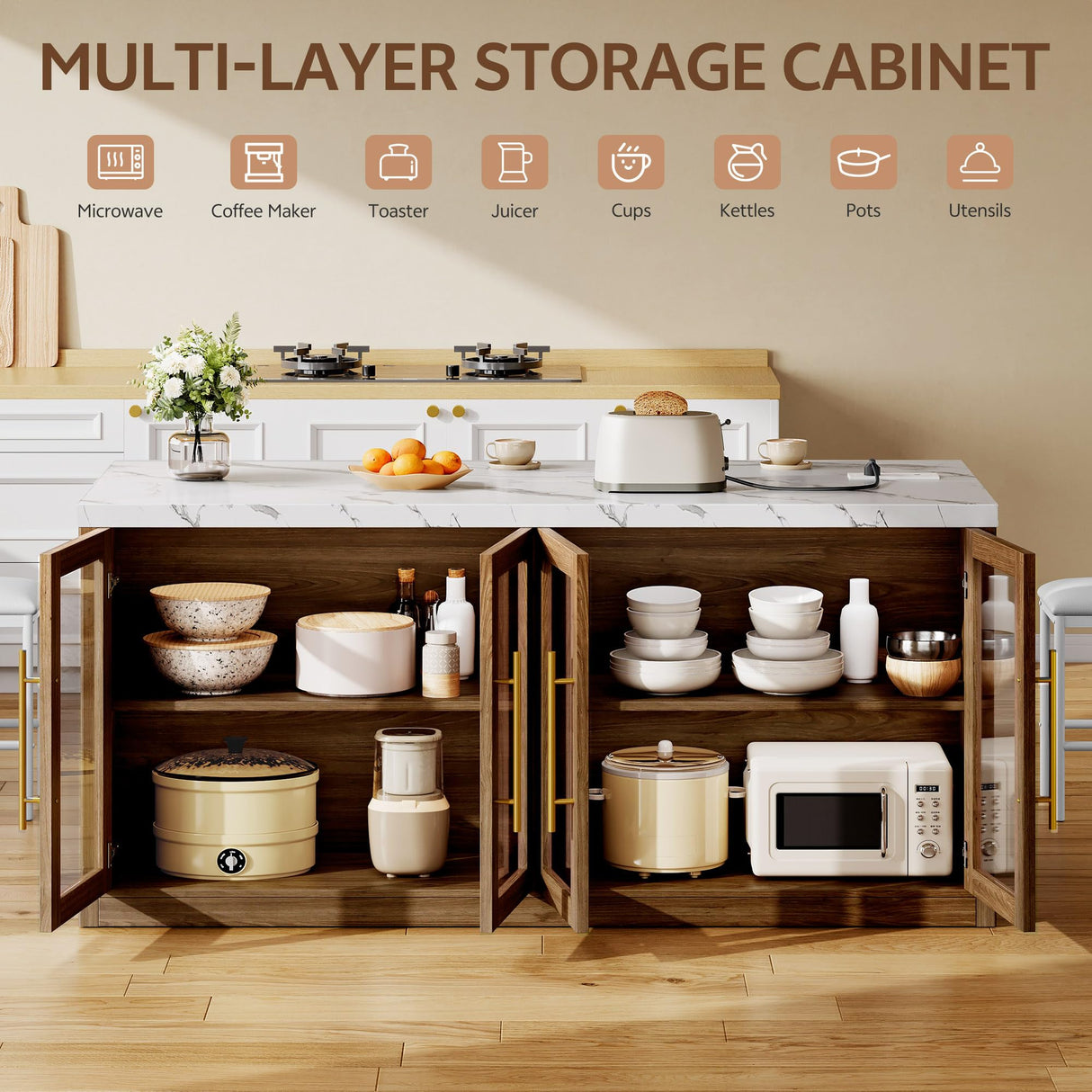 Homiflex Kitchen Island with Storage, 57" W Large Island Table with Seating/LED Light for Dining Room, Kitchen Carts on Wheels Breakfast Bar Table w/Power Outlet, Walnut Homiflex